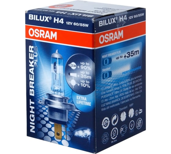 Автолампа OSRAM H4 60, 55 P43t-38+90% NIGHT PLUS 12V, 1, 100 OLD 64193NBP