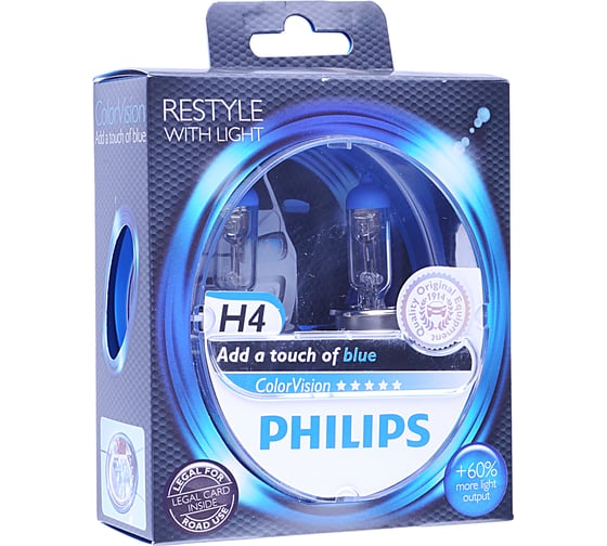 Автолампа PHILIPS H4, 60, 55 P43t-38+60% COLOR VISION BLUE 3350K 2 шт. 12V 1,5 12342CVPBS2