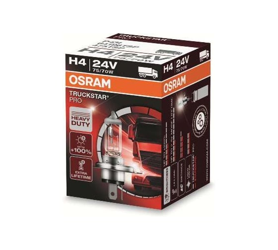 Автолампа OSRAM H4 75/70 P43t-38 +100% TRUCKSTAR PRO 24V, 10, 100 64196TSP