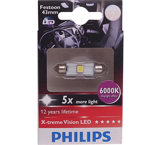 Автолампа PHILIPS C5W SV8.5,8, 43 мм LED X-TREME VISION 6000K 24V 10,200 OLD 249466000KX1