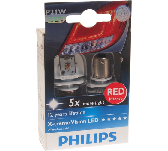 Автолампа PHILIPS P21W BA15s LED RED X-TREME VISION 2 шт. 12, 24V 1,10 12898RX2
