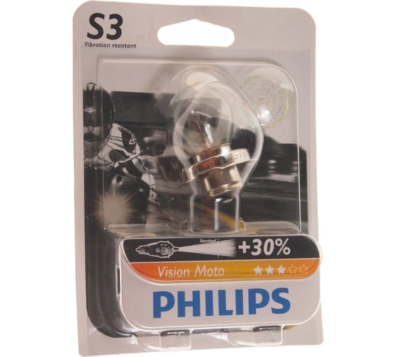 Автолампа PHILIPS S3, 15 P26s+30% VISION MOTO 12V 1,10 12008BW 1