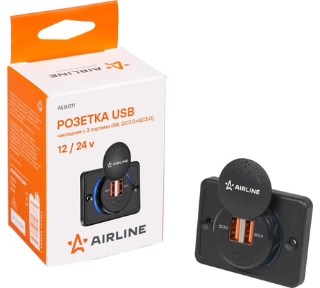 Розетка USB Airline накладная, c 2 портами, 5 В, QC3.0+QC3.0 AEBJ211