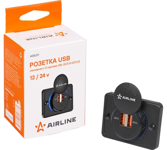 Розетка USB Airline накладная, c 2 портами, 5 В, QC3.0+QC3.0 AEBJ211
