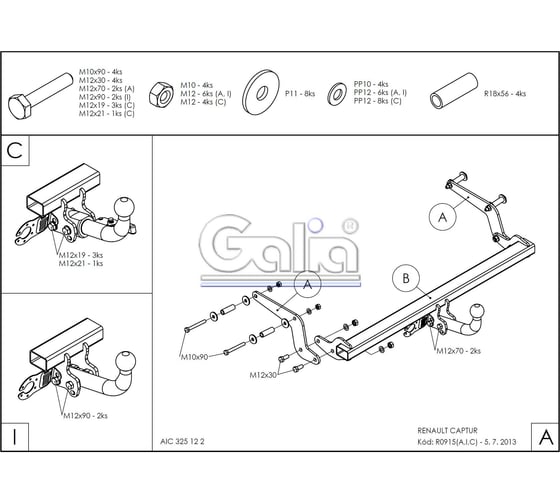 Полностью оцинкованный фаркоп GALIA для Renault Captur 2013-2020 (Европейская версия) быстросъемный шар R091C