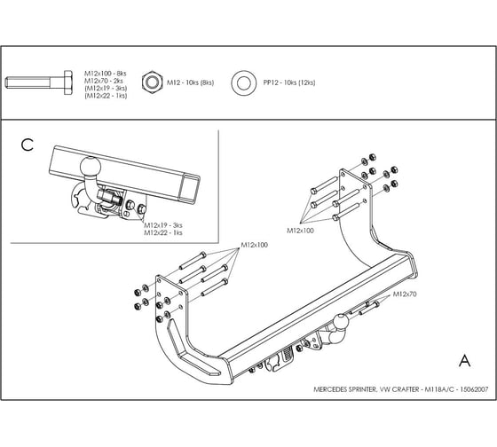 Полностью оцинкованный фаркоп GALIA для Mercedes Sprinter 2006-2019, 2019-, Volkswagen Crafter 2006-2017 для моделей любой длины, без ступеньки тип шара A M118A