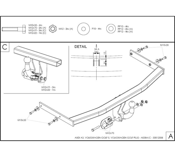 Полностью оцинкованный фаркоп GALIA для Audi A3 2003-2008: хетчбек 3 двери, VW Golf V, VI, Plus хетчбек 3/5 дверей 2003-2008, 2008-2013 (2WD только) A038C