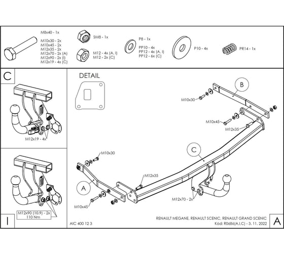 Полностью оцинкованный фаркоп GALIA для Renault Grand Scenic II, Scenic II, Megane II хетчбек 2004-2009 быстросъемный шар R068C