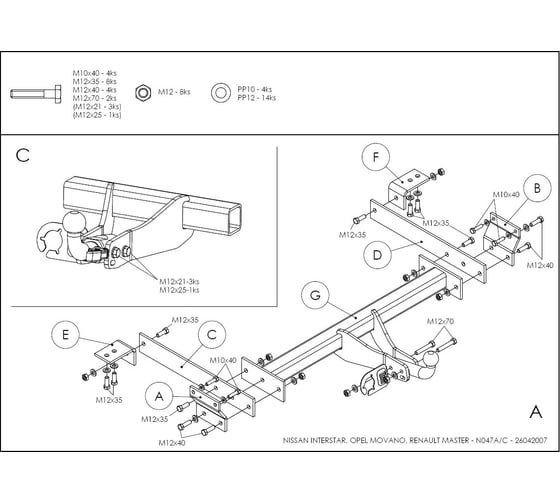 Полностью оцинкованный фаркоп GALIA для Nissan Interstar 1998-2010, Opel Movano A 1999-2010, Renault Master 1998-2010 тип шара A N047A