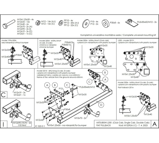 Полностью оцинкованный фаркоп GALIA для Mitsubishi L200 1996-2006, 2006-2015, 2015-2023, Fiat Fullback 2016-2019 тип шара A M120A