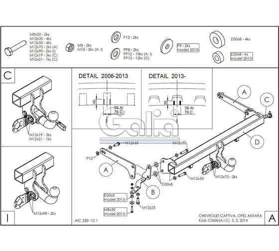 Полностью оцинкованный фаркоп GALIA для Chevrolet Captiva 2006-2013, 2013-2018, Opel Antara 2006-2013, 2013-2017. Только для авто с запаской снизу, C060C