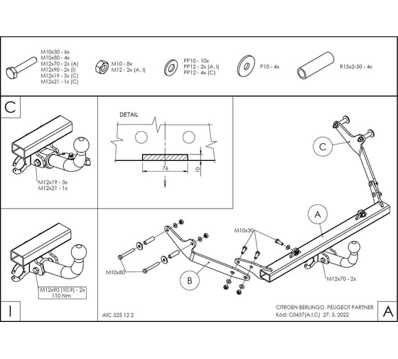Полностью оцинкованный фаркоп GALIA для Citroen Berlingo I 1996-2008, Berlingo First 2008-2012, Peugeot Partner I 1996-2008, Partner Origin 2008-2012 C043C
