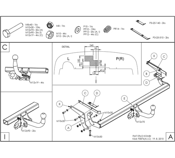 Полностью оцинкованный фаркоп GALIA для FIAT Stilo универсал 2001-2007 тип шара A F087A