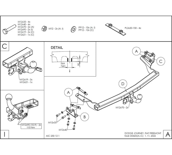 Полностью оцинкованный фаркоп GALIA для Dodge Journey 2008-2020, FIAT Freemont 2011-2020, кроме авто с запаской снизу тип шара A D042A