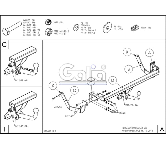 Полностью оцинкованный фаркоп GALIA для Peugeot 508 универсал 2011-2019 тип шара A P044A