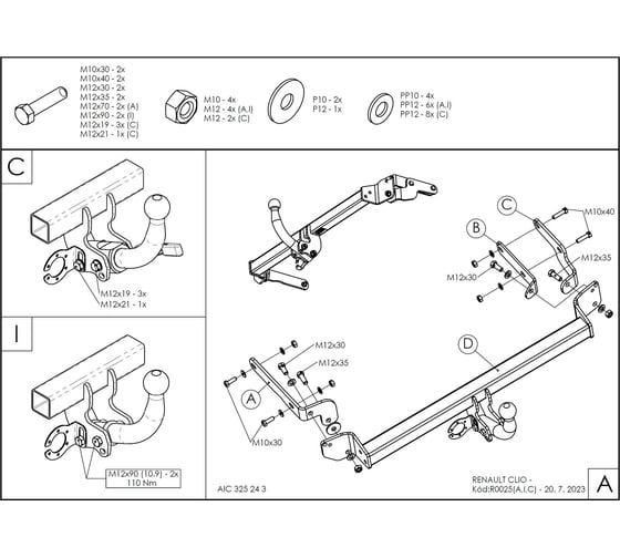Полностью оцинкованный фаркоп GALIA для Renault Clio 1998-2005 быстросъемный шар R002C