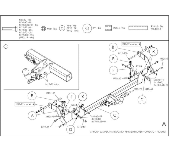 Полностью оцинкованный фаркоп GALIA для Citroen Jumper 2006-, FIAT Ducato 2006-, Peugeot Boxer 2006- L1, L2, L3, L4 тип шара A C042A