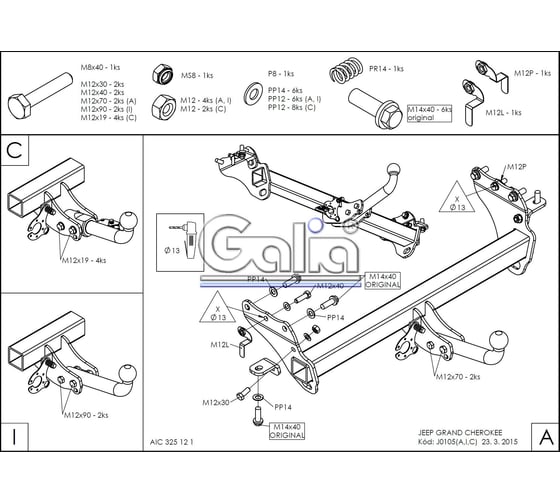 Полностью оцинкованный фаркоп GALIA для Jeep Grand Cherokee 2010-2021 тип шара A J010A