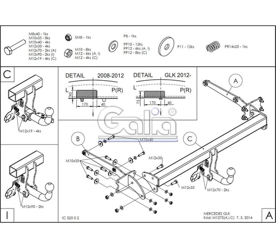 Полностью оцинкованный фаркоп GALIA для Mercedes GLK-Class x204 2008-2015 тип шара A M127A