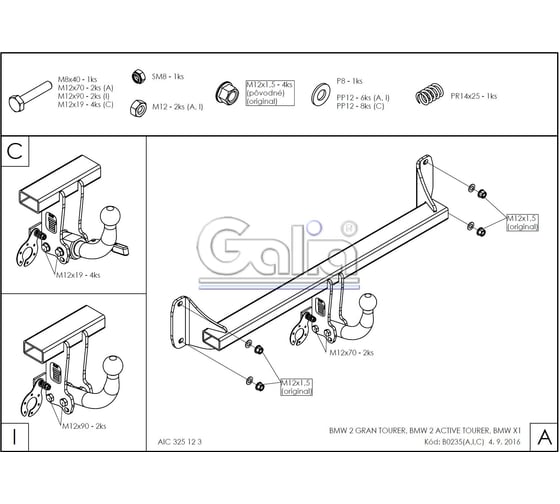 Полностью оцинкованный фаркоп GALIA для BMW X1 F48 07/2015-2022, BMW 2-Series Active Tourer F45 09/2014-, BMW 2-Series Gran Tourer F46 05/2015- тип шара A B023A
