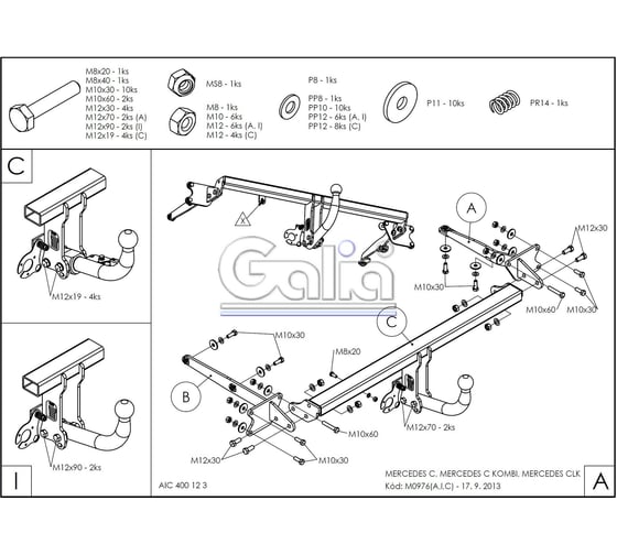 Полностью оцинкованный фаркоп GALIA для Mercedes C-Class w203 седан / s203 универсал 2000-2007, Mercedes CLK-Class 2002-2009 быстросъемный шар M097C
