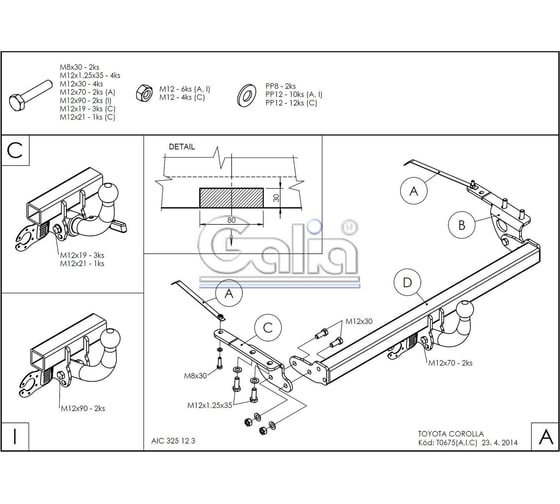 Полностью оцинкованный фаркоп GALIA для Toyota Corolla хетчбек 3/5 дверей 2002-2007 быстросъемный шар T067C
