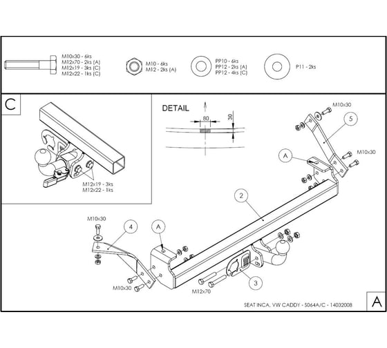 Полностью оцинкованный фаркоп GALIA для SEAT Inca 1995-2004, Volkswagen Caddy 1996-2004 тип шара A S064A