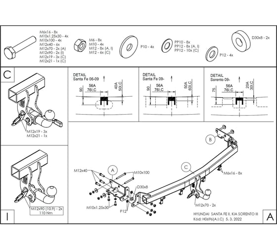 Полностью оцинкованный фаркоп GALIA для Hyundai Santa Fe 2006-2012, Kia Sorento 2009-2012 быстросъемный шар H069C