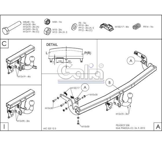 Полностью оцинкованный фаркоп GALIA для Peugeot 208 хетчбек 2012-2019, Citroen C3 2016- быстросъемный шар P042C