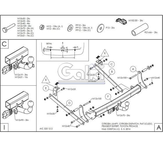Полностью оцинкованный фаркоп GALIA для Citroen Jumpy 2006-2016, FIAT Scudo 2007-2016, Peugeot Expert 2007-2016, Toyota Proace 2013-2016, в т.ч. с парктрониками C050A