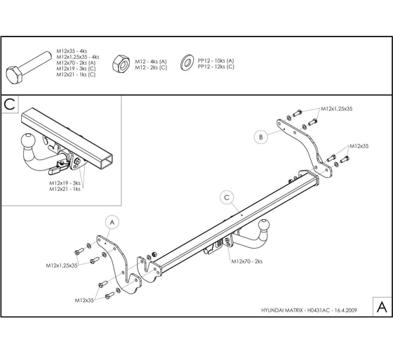 Полностью оцинкованный фаркоп GALIA для Hyundai Matrix 2001-2008 тип шара A H043A