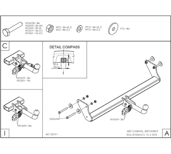Полностью оцинкованный фаркоп GALIA для Jeep Compass MK 2006-2011, Jeep Liberty 2006-2011 тип шара A J012A