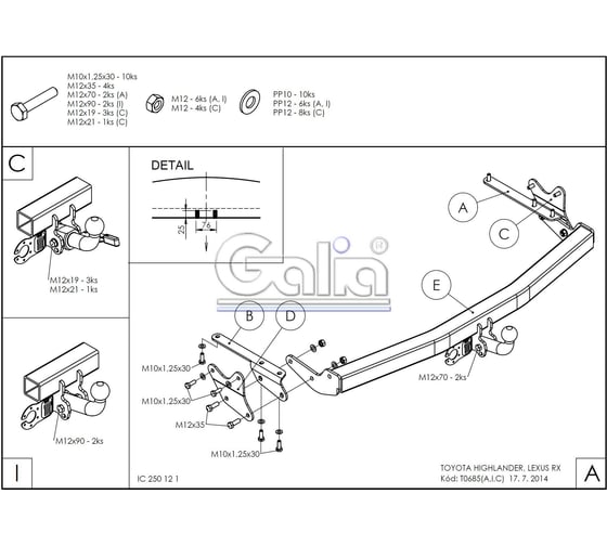Полностью оцинкованный фаркоп GALIA для Toyota Highlander 2010-2014 быстросъемный шар T068C