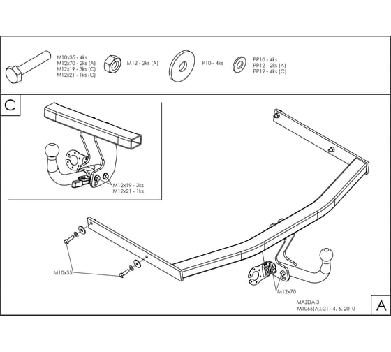 Полностью оцинкованный фаркоп GALIA для Mazda 3 седан/хетчбек 2003-2009, Mazda 3 седан/хетчбек 2009-2013, Ford Focus III хетчбек 2011-2019 тип шара A M106A