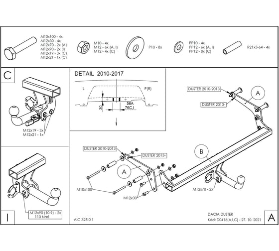 Полностью оцинкованный фаркоп GALIA для Renault Duster 2WD, 4WD 2010-2015, 2015-2021, Renault Duster 2 2021-2022, Nissan Terrano 2014-2022 быстросъемный шар D041C