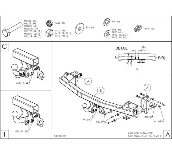 Полностью оцинкованный фаркоп GALIA для Mitsubishi Outlander 2012-2019, 2019-2022 тип шара A M126A