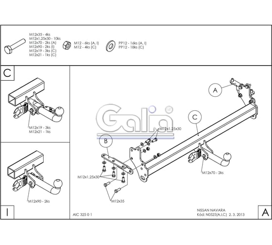 Полностью оцинкованный фаркоп GALIA для Mercedes X-Class 2017-2022, Renault Alaskan 2016-, Nissan Navara D40 2005-2015, D23 2015- быстросъемный шар N052C
