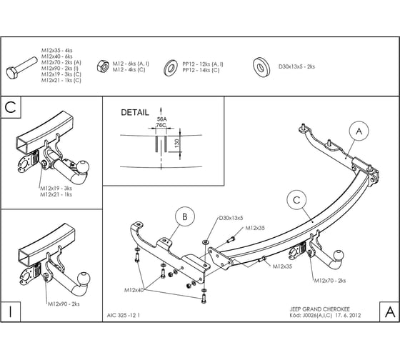 Полностью оцинкованный фаркоп GALIA для Jeep Grand Cherokee WJ 1998-2004 тип шара A J002A