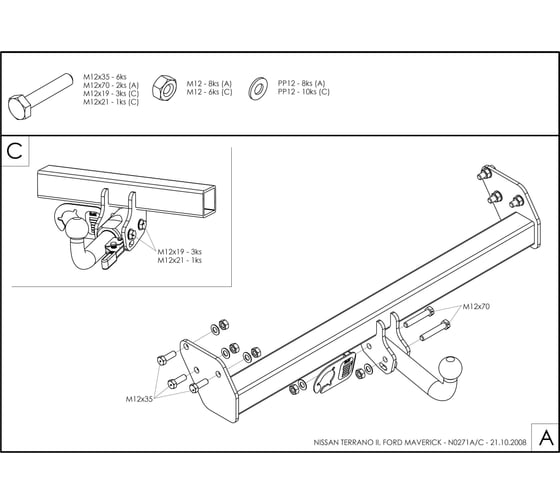 Полностью оцинкованный фаркоп GALIA для Ford Maverick 1993-2000, Nissan Terrano 1993-2002 быстросъемный шар N027C
