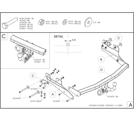 Полностью оцинкованный фаркоп GALIA для Hyundai Starex 2008-2018, 2018-, Hyundai H1 2008-2018, 2018- тип шара A H077A