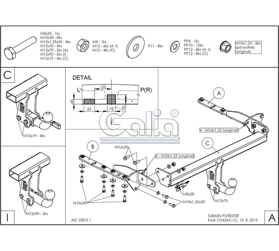 Полностью оцинкованный фаркоп GALIA для Subaru Forester 2013-2018 быстросъемный шар S106C