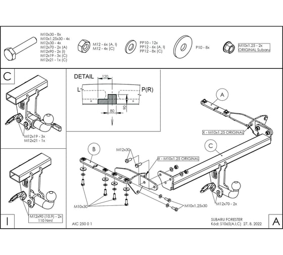 Полностью оцинкованный фаркоп GALIA для Subaru Forester 2013-2018 быстросъемный шар S106C