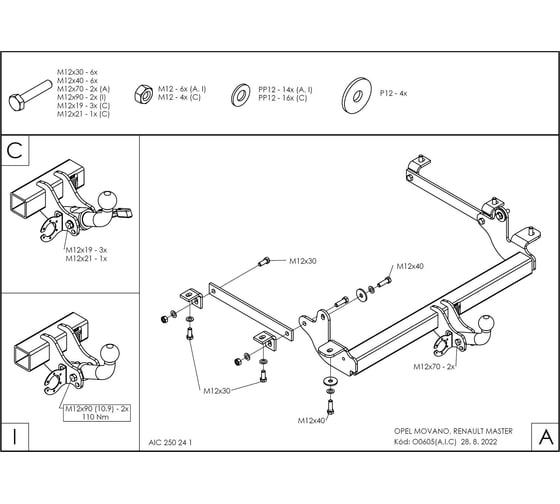 Оцинкованный фаркоп GALIA для Renault Master 2010-, Opel Movano B 2010-2021, Nissan NV400 2011-2021, Nissan Interstar 2022- фургон без ступеньки, передний привод O060C