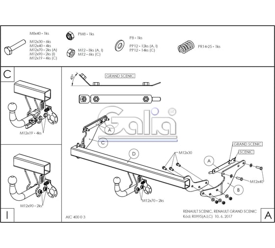 Полностью оцинкованный фаркоп GALIA для Renault Scenic 2016-2022, Renault Grand Scenic 2016-2022 тип шара A R099A