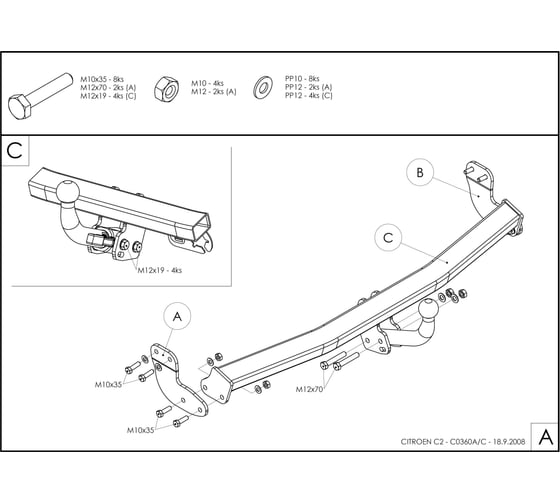 Полностью оцинкованный фаркоп GALIA для Citroen C2 2003-2009 тип шара A C036A