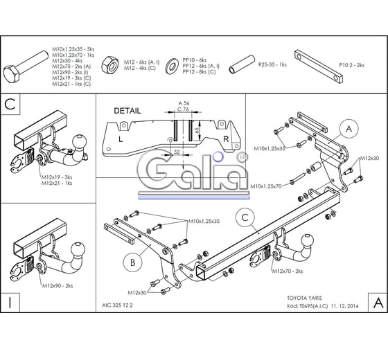Полностью оцинкованный фаркоп GALIA для Toyota Yaris 2014-2020 тип шара A T069A
