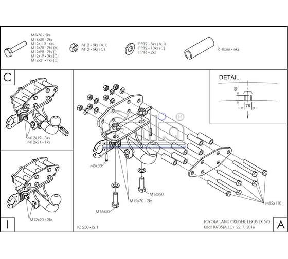 Полностью оцинкованный фаркоп GALIA для Toyota Land Cruiser 200 2008-2021, Lexus LX 2008-2021 тип шара A T070A