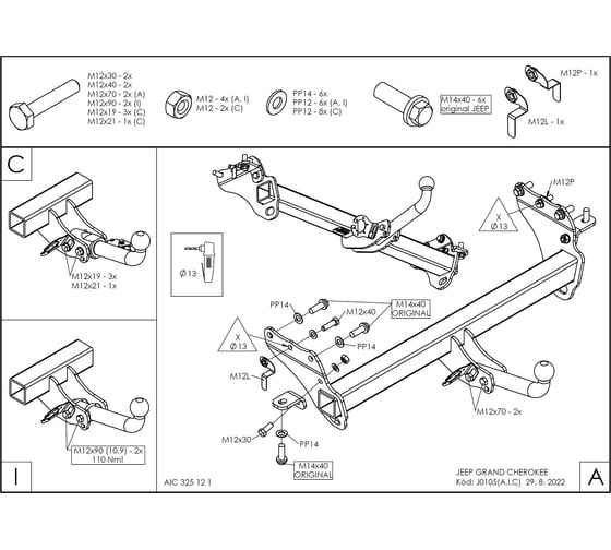 Полностью оцинкованный фаркоп GALIA для Jeep Grand Cherokee 2010-2021 быстросъемный шар J010C