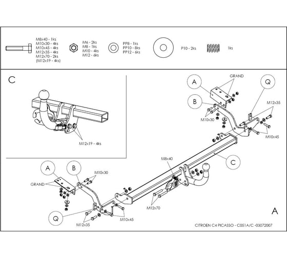 Полностью оцинкованный фаркоп GALIA для Citroen C4 Picasso 2006-2013, Citroen C4 Grand Picasso 2006-2013, Peugeot 5008 2009-2017 тип шара A C051A