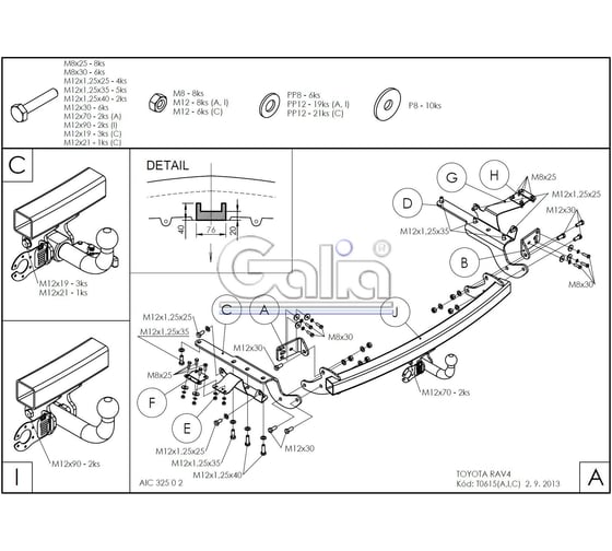 Полностью оцинкованный фаркоп GALIA для Toyota RAV4 2013-2019 быстросъемный шар T061C